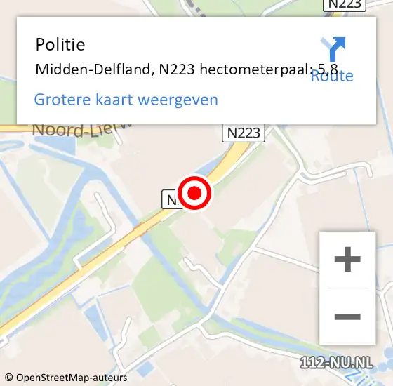 Locatie op kaart van de 112 melding: Politie Midden-Delfland, N223 hectometerpaal: 5,8 op 2 oktober 2021 16:27