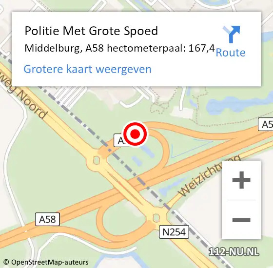 Locatie op kaart van de 112 melding: Politie Met Grote Spoed Naar Middelburg, A58 hectometerpaal: 167,4 op 2 oktober 2021 17:40