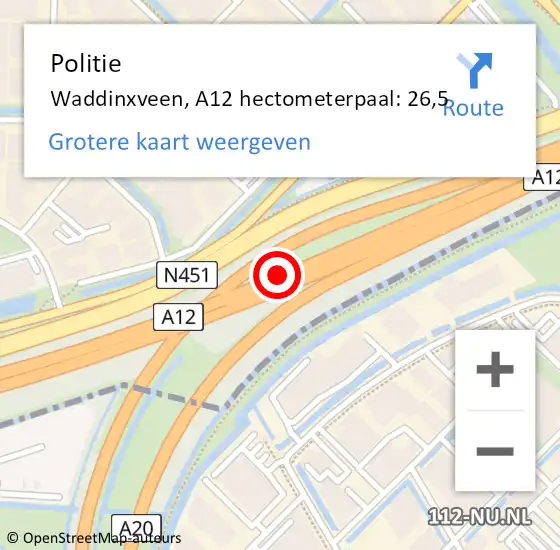 Locatie op kaart van de 112 melding: Politie Waddinxveen, A12 hectometerpaal: 26,5 op 2 oktober 2021 18:26