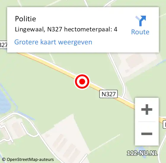Locatie op kaart van de 112 melding: Politie Lingewaal, N327 hectometerpaal: 4 op 2 oktober 2021 19:00