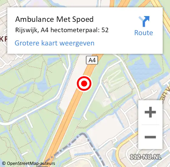 Locatie op kaart van de 112 melding: Ambulance Met Spoed Naar Rijswijk, A4 hectometerpaal: 52 op 2 oktober 2021 19:13