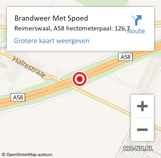 Locatie op kaart van de 112 melding: Brandweer Met Spoed Naar Reimerswaal, A58 hectometerpaal: 126,7 op 2 oktober 2021 20:06