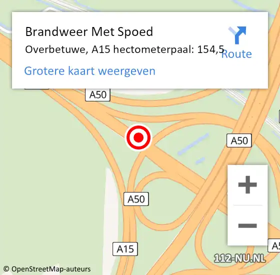 Locatie op kaart van de 112 melding: Brandweer Met Spoed Naar Overbetuwe, A15 hectometerpaal: 154,5 op 2 oktober 2021 21:42