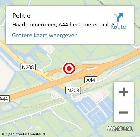 Locatie op kaart van de 112 melding: Politie Haarlemmermeer, A44 hectometerpaal: 8,1 op 2 oktober 2021 22:06