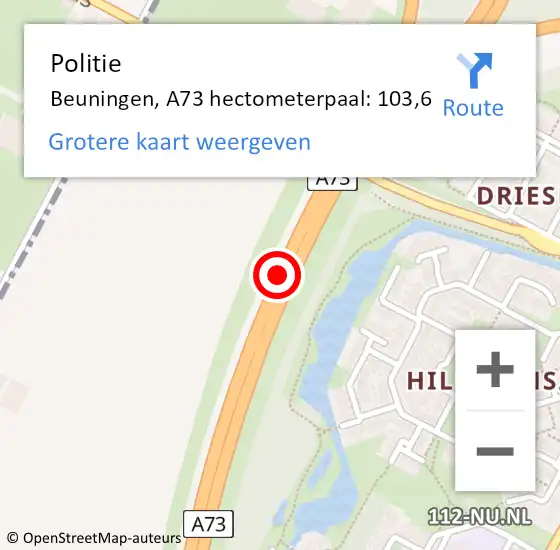 Locatie op kaart van de 112 melding: Politie Beuningen, A73 hectometerpaal: 103,6 op 2 oktober 2021 22:43