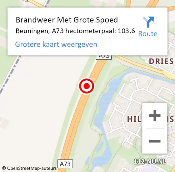 Locatie op kaart van de 112 melding: Brandweer Met Grote Spoed Naar Beuningen, A73 hectometerpaal: 103,6 op 2 oktober 2021 22:44
