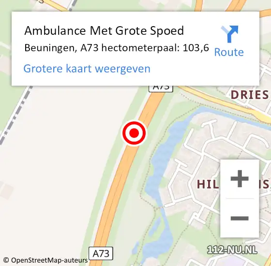 Locatie op kaart van de 112 melding: Ambulance Met Grote Spoed Naar Beuningen, A73 hectometerpaal: 103,6 op 2 oktober 2021 22:44