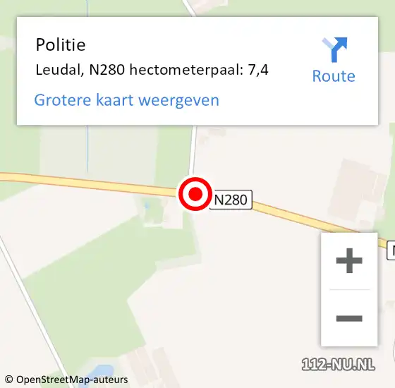 Locatie op kaart van de 112 melding: Politie Leudal, N280 hectometerpaal: 7,4 op 2 oktober 2021 22:59