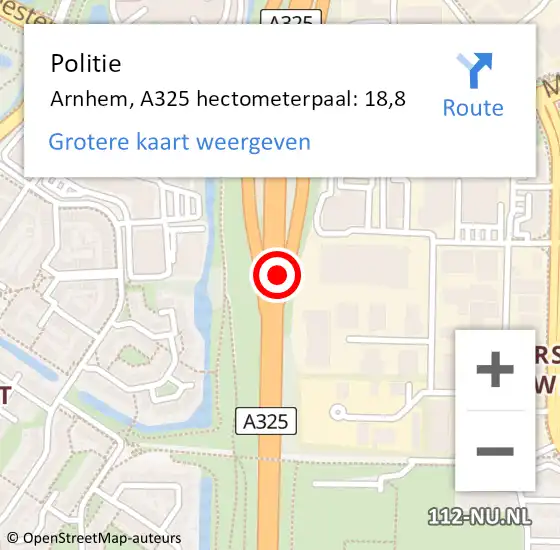 Locatie op kaart van de 112 melding: Politie Arnhem, A325 hectometerpaal: 18,8 op 2 oktober 2021 23:56