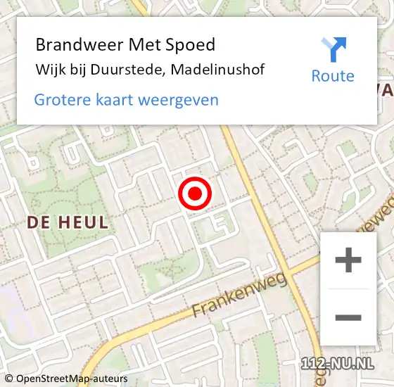 Locatie op kaart van de 112 melding: Brandweer Met Spoed Naar Wijk bij Duurstede, Madelinushof op 3 oktober 2021 00:07