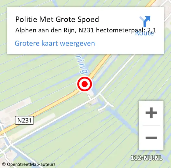 Locatie op kaart van de 112 melding: Politie Met Grote Spoed Naar Alphen aan den Rijn, N231 hectometerpaal: 2,1 op 3 oktober 2021 02:27