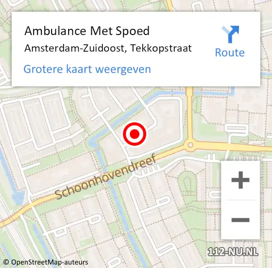 Locatie op kaart van de 112 melding: Ambulance Met Spoed Naar Amsterdam-Zuidoost, Tekkopstraat op 3 oktober 2021 04:44