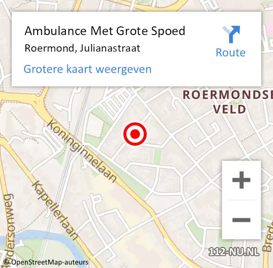 Locatie op kaart van de 112 melding: Ambulance Met Grote Spoed Naar Roermond, Julianastraat op 3 oktober 2021 09:08