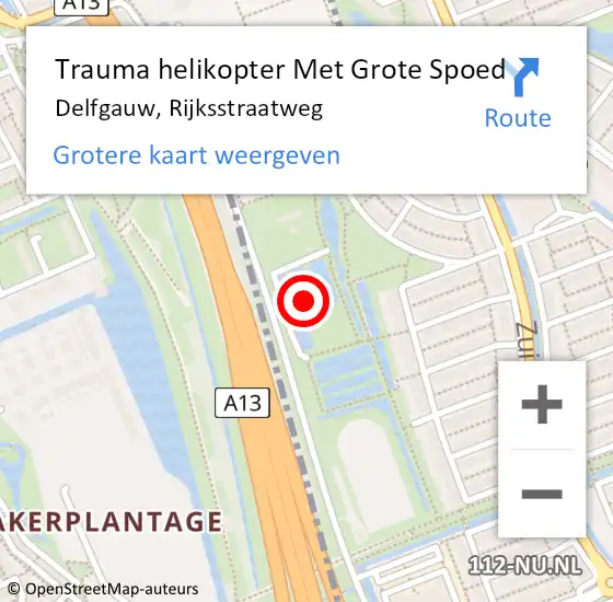 Locatie op kaart van de 112 melding: Trauma helikopter Met Grote Spoed Naar Delfgauw, Rijksstraatweg op 3 oktober 2021 12:54