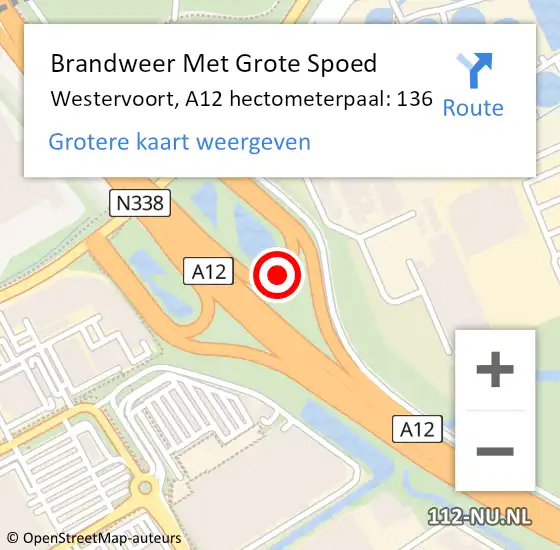 Locatie op kaart van de 112 melding: Brandweer Met Grote Spoed Naar Westervoort, A12 hectometerpaal: 136 op 3 oktober 2021 15:22