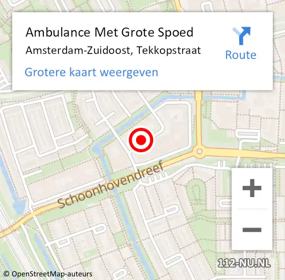 Locatie op kaart van de 112 melding: Ambulance Met Grote Spoed Naar Amsterdam-Zuidoost, Tekkopstraat op 3 oktober 2021 15:33