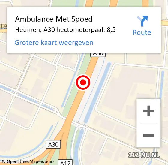 Locatie op kaart van de 112 melding: Ambulance Met Spoed Naar Heumen, A30 hectometerpaal: 8,5 op 3 oktober 2021 15:35