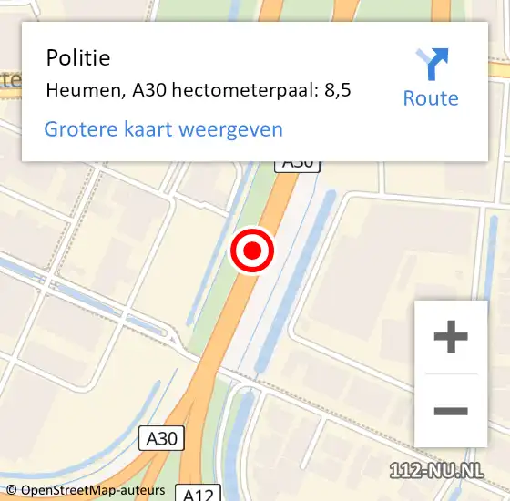 Locatie op kaart van de 112 melding: Politie Heumen, A30 hectometerpaal: 8,5 op 3 oktober 2021 15:36