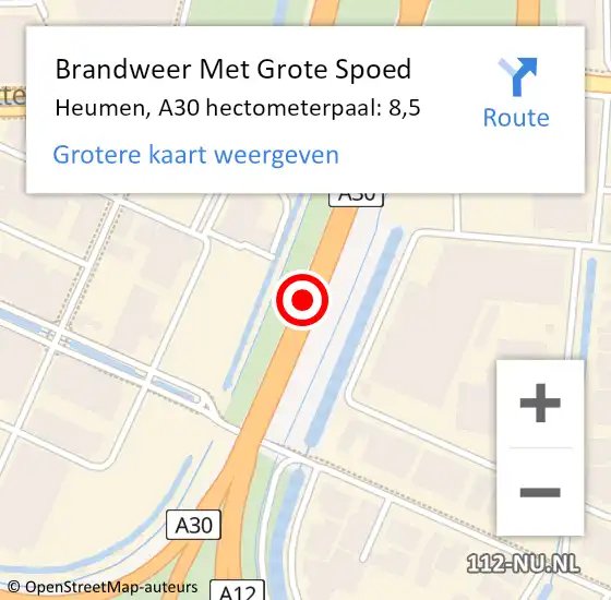 Locatie op kaart van de 112 melding: Brandweer Met Grote Spoed Naar Heumen, A30 hectometerpaal: 8,5 op 3 oktober 2021 15:36