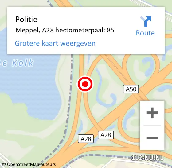 Locatie op kaart van de 112 melding: Politie Meppel, A28 hectometerpaal: 85 op 3 oktober 2021 16:46