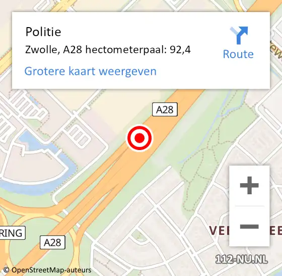 Locatie op kaart van de 112 melding: Politie Zwolle, A28 hectometerpaal: 92,4 op 3 oktober 2021 20:20