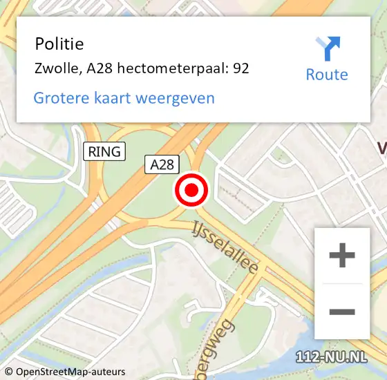 Locatie op kaart van de 112 melding: Politie Zwolle, A28 hectometerpaal: 92 op 3 oktober 2021 20:20