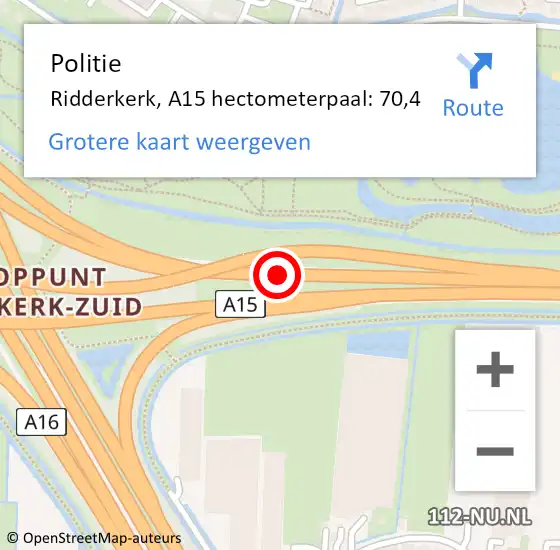 Locatie op kaart van de 112 melding: Politie Ridderkerk, A15 hectometerpaal: 70,4 op 3 oktober 2021 21:07