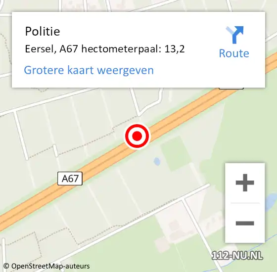 Locatie op kaart van de 112 melding: Politie Eersel, A67 hectometerpaal: 13,2 op 3 oktober 2021 21:07