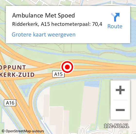 Locatie op kaart van de 112 melding: Ambulance Met Spoed Naar Ridderkerk, A15 hectometerpaal: 70,4 op 3 oktober 2021 21:08