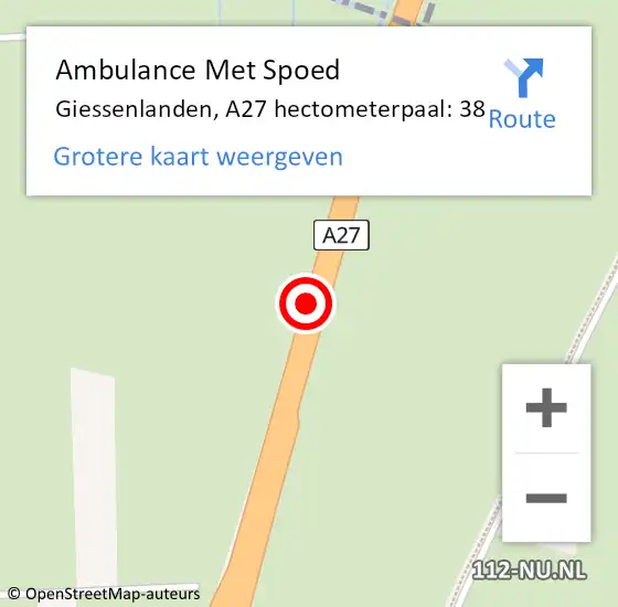 Locatie op kaart van de 112 melding: Ambulance Met Spoed Naar Giessenlanden, A27 hectometerpaal: 38 op 3 oktober 2021 21:29