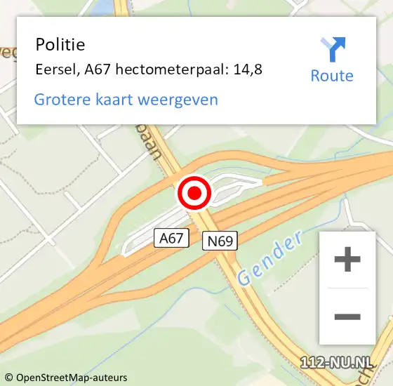 Locatie op kaart van de 112 melding: Politie Eersel, A67 hectometerpaal: 14,8 op 3 oktober 2021 22:18