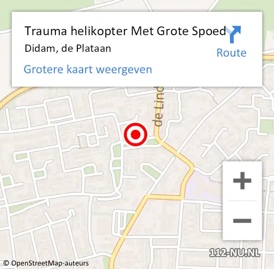 Locatie op kaart van de 112 melding: Trauma helikopter Met Grote Spoed Naar Didam, de Plataan op 3 oktober 2021 22:39