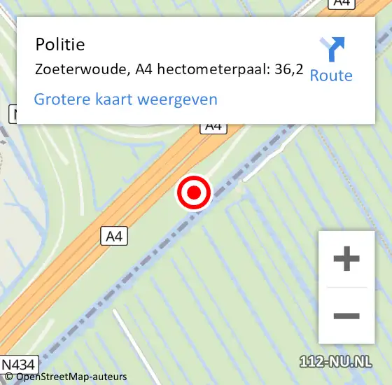 Locatie op kaart van de 112 melding: Politie Zoeterwoude, A4 hectometerpaal: 36,2 op 4 oktober 2021 01:39