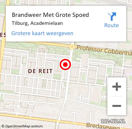 Locatie op kaart van de 112 melding: Brandweer Met Grote Spoed Naar Tilburg, Academielaan op 4 oktober 2021 01:45