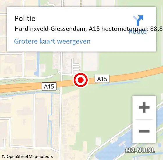 Locatie op kaart van de 112 melding: Politie Hardinxveld-Giessendam, A15 hectometerpaal: 88,8 op 4 oktober 2021 06:03