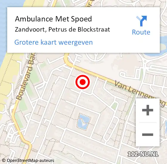 Locatie op kaart van de 112 melding: Ambulance Met Spoed Naar Zandvoort, Petrus de Blockstraat op 4 oktober 2021 06:39