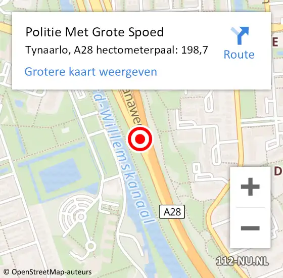 Locatie op kaart van de 112 melding: Politie Met Grote Spoed Naar Tynaarlo, A28 hectometerpaal: 198,7 op 4 oktober 2021 11:31