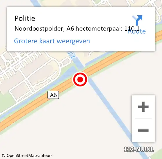 Locatie op kaart van de 112 melding: Politie Noordoostpolder, A6 hectometerpaal: 110,1 op 4 oktober 2021 13:18