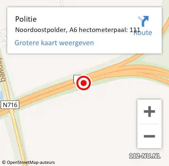 Locatie op kaart van de 112 melding: Politie Noordoostpolder, A6 hectometerpaal: 111 op 4 oktober 2021 13:21