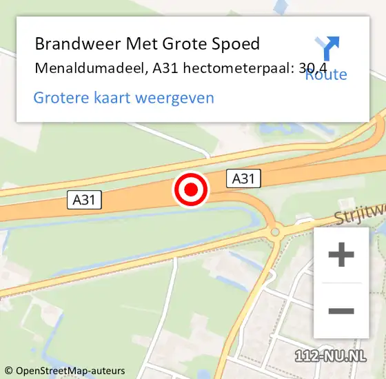 Locatie op kaart van de 112 melding: Brandweer Met Grote Spoed Naar Menaldumadeel, A31 hectometerpaal: 30,4 op 4 oktober 2021 14:03