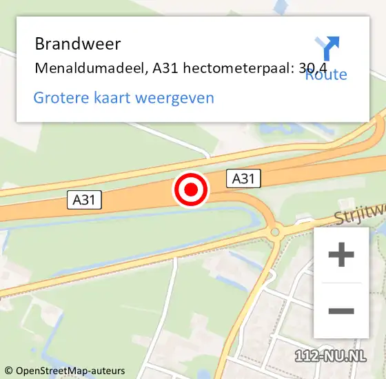 Locatie op kaart van de 112 melding: Brandweer Menaldumadeel, A31 hectometerpaal: 30,4 op 4 oktober 2021 14:07