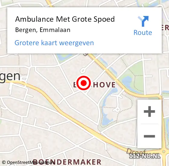 Locatie op kaart van de 112 melding: Ambulance Met Grote Spoed Naar Bergen, Emmalaan op 4 oktober 2021 14:54