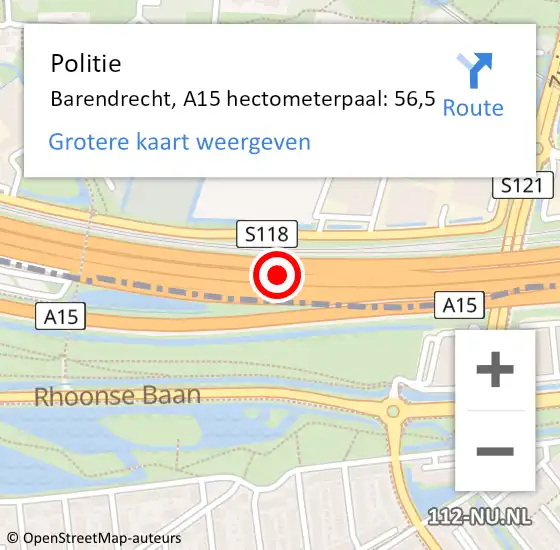 Locatie op kaart van de 112 melding: Politie Barendrecht, A15 hectometerpaal: 56,5 op 4 oktober 2021 16:09