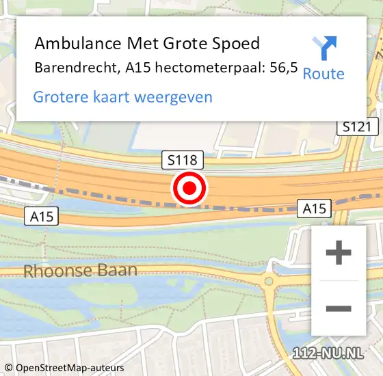 Locatie op kaart van de 112 melding: Ambulance Met Grote Spoed Naar Barendrecht, A15 hectometerpaal: 56,5 op 4 oktober 2021 16:23