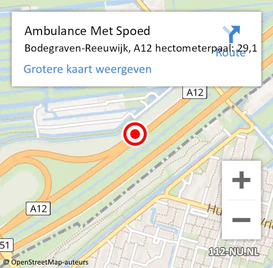 Locatie op kaart van de 112 melding: Ambulance Met Spoed Naar Bodegraven-Reeuwijk, A12 hectometerpaal: 29,1 op 4 oktober 2021 16:51