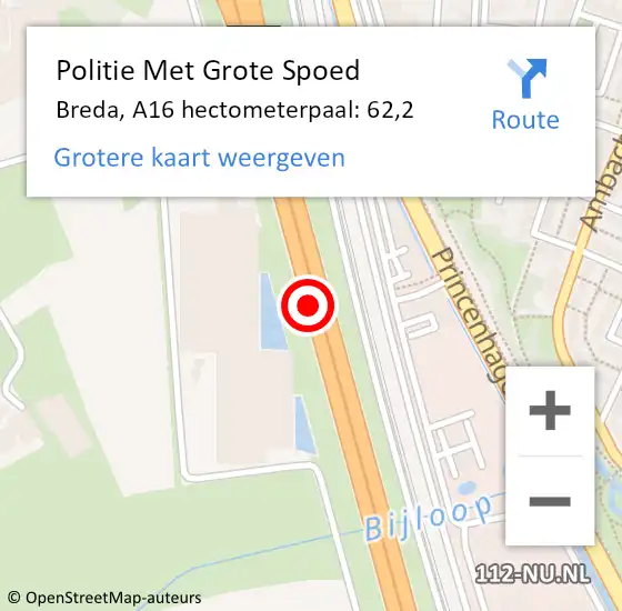 Locatie op kaart van de 112 melding: Politie Met Grote Spoed Naar Breda, A16 hectometerpaal: 62,2 op 4 oktober 2021 20:16