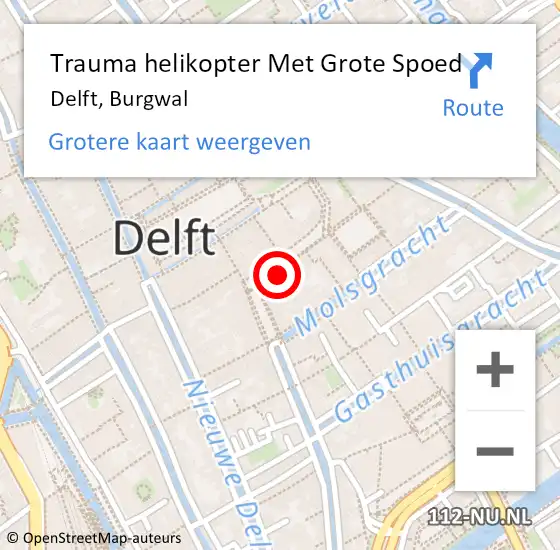 Locatie op kaart van de 112 melding: Trauma helikopter Met Grote Spoed Naar Delft, Burgwal op 4 oktober 2021 20:36