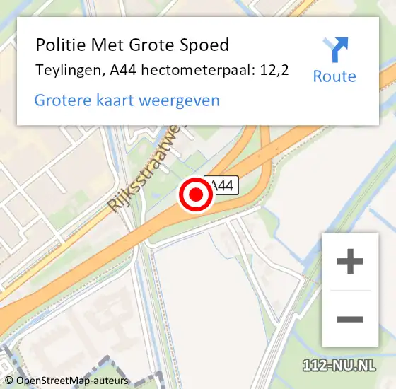 Locatie op kaart van de 112 melding: Politie Met Grote Spoed Naar Teylingen, A44 hectometerpaal: 12,2 op 4 oktober 2021 21:37