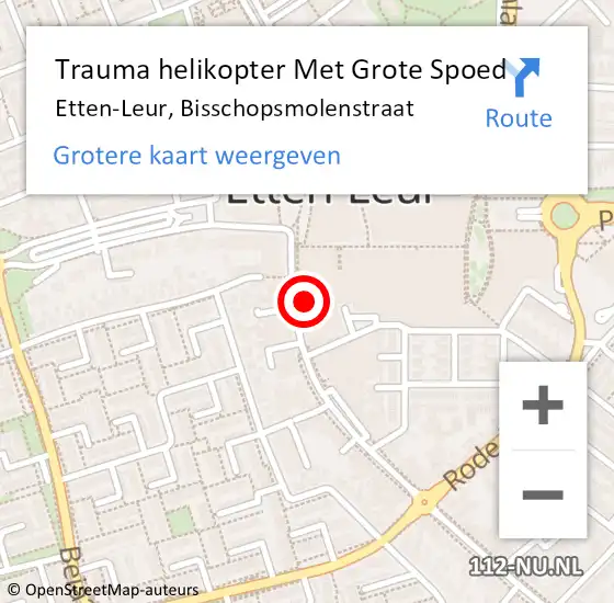 Locatie op kaart van de 112 melding: Trauma helikopter Met Grote Spoed Naar Etten-Leur, Bisschopsmolenstraat op 4 oktober 2021 22:58