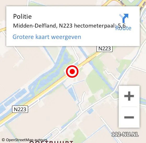 Locatie op kaart van de 112 melding: Politie Midden-Delfland, N223 hectometerpaal: 5,6 op 4 oktober 2021 23:09